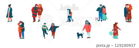 People Character Walking in Spring Park Enjoying Warm Season Vector Set 129280937