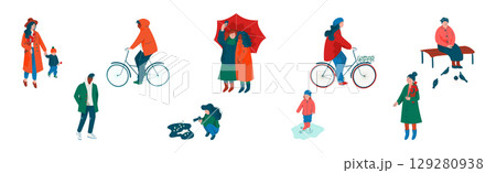 People Character Walking in Spring Park Enjoying Warm Season Vector Set 129280938