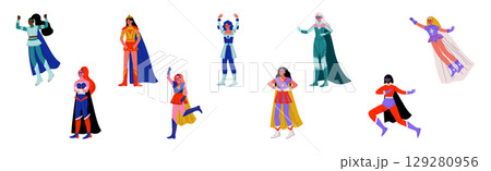 Strong Girl in Heroine Costume with Cloak Vector Set Strong Girl in Heroine Costume with Cloak Vector Set 129280956