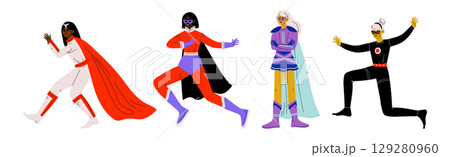 Strong Girl in Heroine Costume with Cloak Vector Set 129280960
