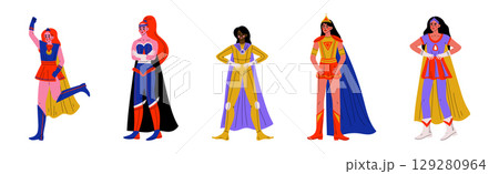 Strong Girl in Heroine Costume with Cloak Vector Set 129280964
