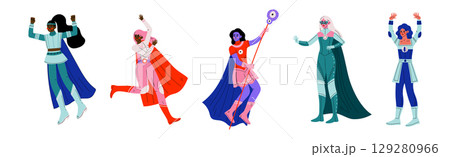 Strong Girl in Heroine Costume with Cloak Vector Set 129280966