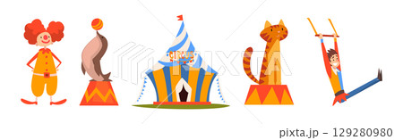 Circus Artist and Performer Showing Trick Vector Set 129280980