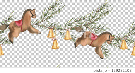 Christmas tree golden bells on evergreen spruce branches with vintage wooden horse toy watercolor seamless border.Hand drawn New year banner with symbol of the year,retro clipart for poster,web design 129281108