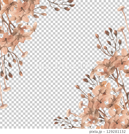 Floral romantic banner template with pink and beige flowers watercolor illustration. Hand drawn hydragea and dry field flowers frame for female card,women's day invitation,wedding design 129281132