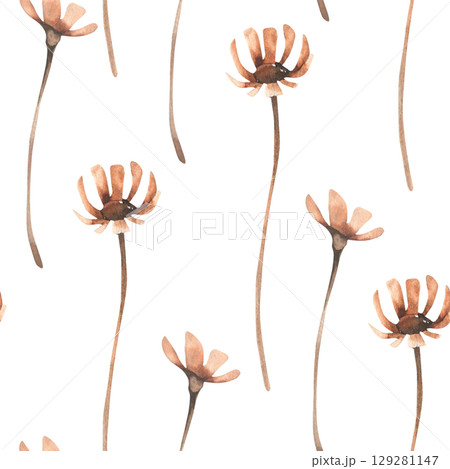 Floral seamless pattern with dry petal flowers in beige and pink colors watercolor illustration.Hand drawn wild field floral elements background for romantic and girlish textile,fabric,festive design 129281147