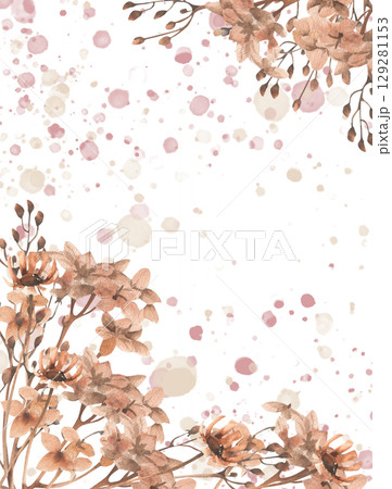 Floral banner template with beige and pink pastel flowers and watercolor splashes illustration.Hand drawn dry field flowers and hydrangea twigs clipart for Valentine's day,womens's festive design 129281153