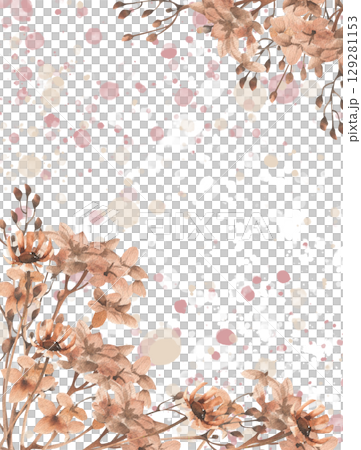 Floral banner template with beige and pink pastel flowers and watercolor splashes illustration.Hand drawn dry field flowers and hydrangea twigs clipart for Valentine's day,womens's festive design 129281153