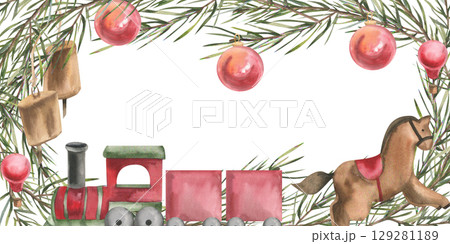Santa Clause red vintage train,wooden horse toy decorated with evergreen spruce branches,red balls and golden bells watercolor banner template. New year festive frame with retro elements for card Santa Clause red vintage train,wooden horse toy decorated with evergreen spruce branches,red balls and golden bells watercolor banner template. New year festive frame with retro elements for card 129281189