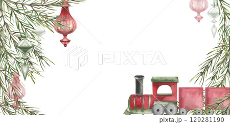 Christmas vintage watercolor frame with red train toy,evergreen spruce branches and glass red and green decoration illustrations.Hand drawn New year balls, floral elements for ivitation,poster design Christmas vintage watercolor frame with red train toy,evergreen spruce branches and glass red and green decoration illustrations.Hand drawn New year balls, floral elements for ivitation,poster design 129281190