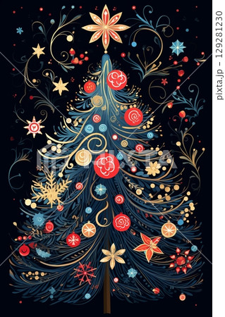 Brightly decorated Christmas tree with vibrant colors set against a modern neon geometric backdrop 129281230