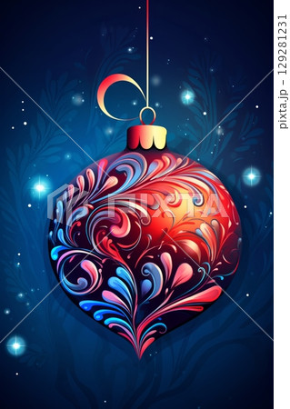 Vibrant Christmas ornament featuring intricate designs against a modern neon background 129281231
