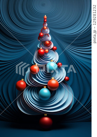 Neon geometric shapes create a vibrant backdrop for a unique Christmas tree design during the festive season 129281232
