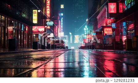 Vibrant city street glistens after rain with neon reflections and empty roads at night 129281233
