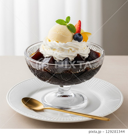 バニラアイスとフルーツを添えた濃厚なコーヒーゼリー 129281344