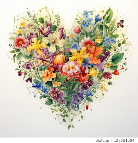 Vibrant watercolor heart adorned with sunflowers and colorful blooms celebrating summer's joy and warmth 129281384