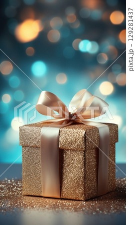 Sparkling gift box with elegant ribbon highlighted against a luminous backdrop of shimmering lights 129281437