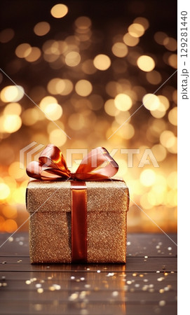 Shiny gift box wrapped in glittering paper with a ribbon against a festive golden backdrop during a celebration 129281440