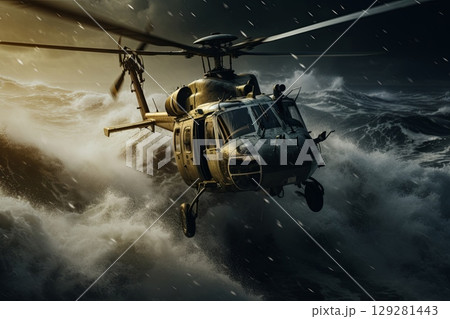 Rescue helicopter navigating stormy seas during a dramatic evening operation 129281443
