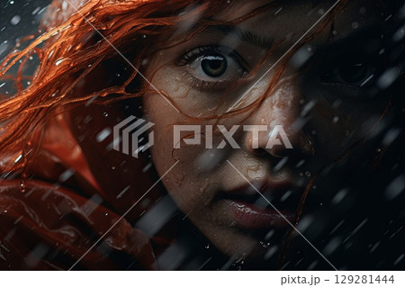 Portrait of a woman with vibrant red hair in the rain, capturing intense emotions and details of the moment 129281444