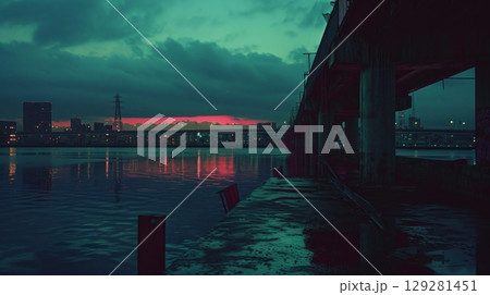 Vibrant urban twilight reflecting off the river alongside modern architecture and industrial structures in Tokyo 129281451