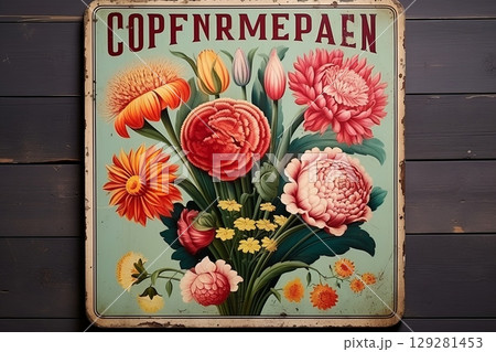 Floral tin sign featuring a vibrant flower market design with colorful blossoms and decorative lettering Floral tin sign featuring a vibrant flower market design with colorful blossoms and decorative lettering 129281453