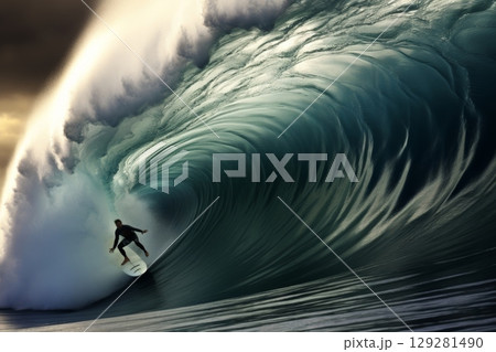 Surfer rides an incredible long barrel wave at sunset on a calm ocean 129281490