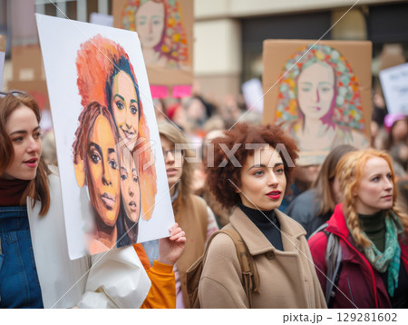 Activists holding posters during a rally for social justice in a city center on a sunny day, advocating for equality and change. Generative AI 129281602
