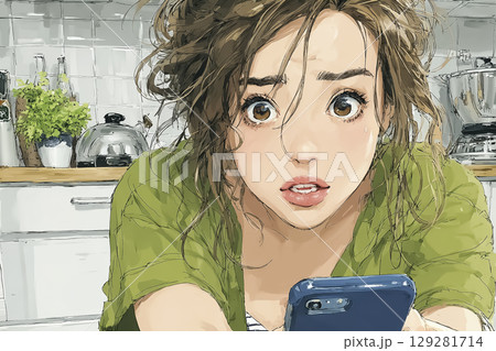 美優シリーズ:スマホで気象庁の地震速報を見て驚く女性 美優シリーズ:スマホで気象庁の地震速報を見て驚く女性 129281714