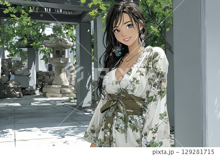 浴衣を着た若い女性のファッションポートレート 129281715