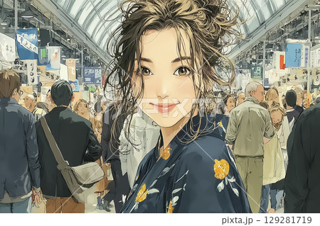 美優シリーズ：浴衣を着た女性のイラスト素材　アーケード商店街 129281719