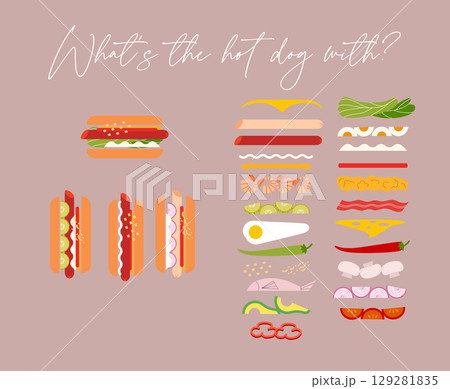 Hot dog and its ingredient set beige Hot dog and its ingredient set beige 129281835