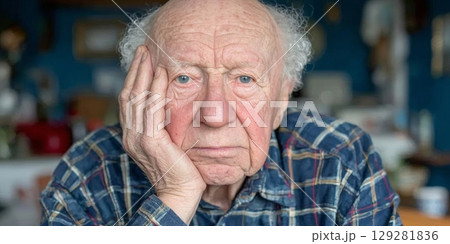 Elderly man with thoughtful expression resting his chin on hand, showcasing emotions and reflections in a cozy indoor environment 129281836