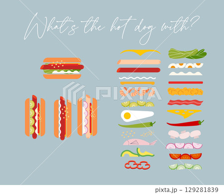 Hot dog and its ingredient set light blue Hot dog and its ingredient set light blue 129281839