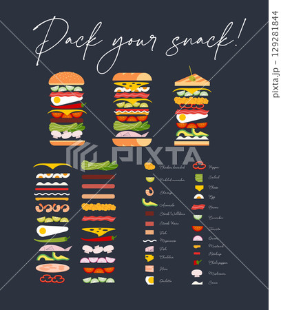 Sandwich and burger with ingredient set dark 129281844
