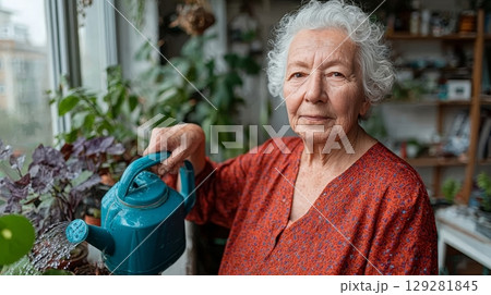 Elderly woman holding a blue watering can, surrounded by lush indoor plants, showcasing her passion for gardening and nurturing green life 129281845