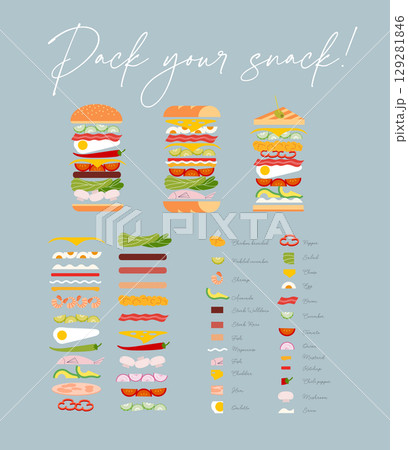 Sandwich and burger with ingredient set light blue 129281846