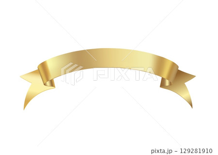 Elegant golden ribbon banner with a soft curve and subtle highlights, featuring a balanced center space for text. Perfect for luxury branding, certificates, or festive design elements. 129281910