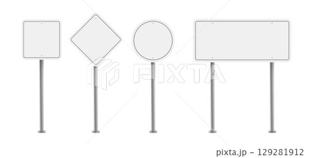 Realistic vector set of blank road signs on metal poles in various shapes and sizes. Ideal for traffic design, navigation mockups, warning messages, and informational layouts. Realistic vector set of blank road signs on metal poles in various shapes and sizes. Ideal for traffic design, navigation mockups, warning messages, and informational layouts. 129281912