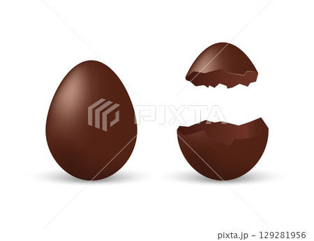 Realistic 3D chocolate Easter eggs, one whole and one cracked open with empty inside. Isolated festive design for spring celebration or holiday decoration. 129281956