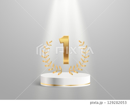 Golden winner pedestal with number one, laurel wreath and ribbon on gray background. Ideal for award posters and banners 129282053
