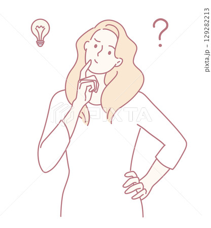 A contemplative woman appears deep in thought, visualizing her innovative light bulb idea A contemplative woman appears deep in thought, visualizing her innovative light bulb idea 129282213