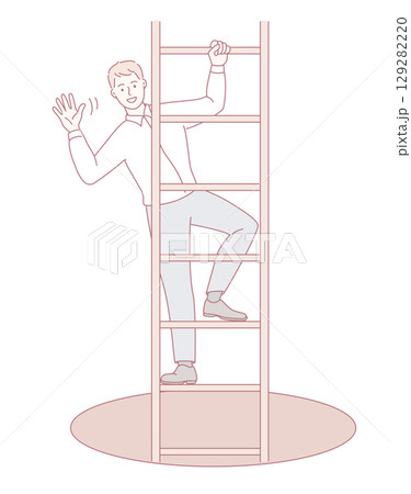 A person is climbing a ladder while cheerfully waving, symbolizing their achievements and progress 129282220