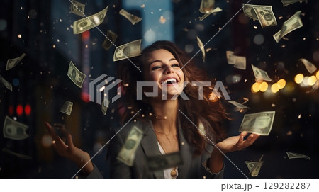 Woman with money falling from her hair Woman with money falling from her hair 129282287