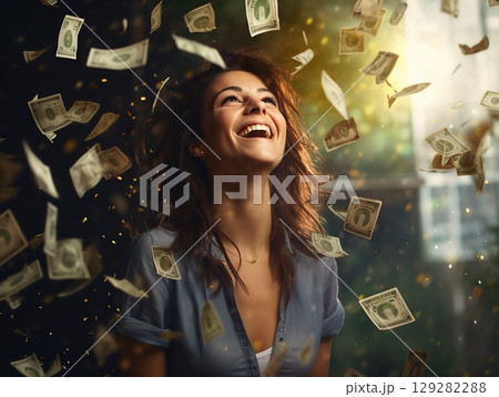 Joyful woman laughing surrounded by money 129282288
