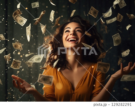 Woman in yellow shirt throwing money Woman in yellow shirt throwing money 129282291