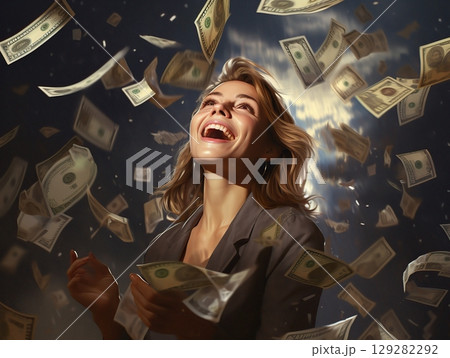 Businesswoman surrounded by money Businesswoman surrounded by money 129282292