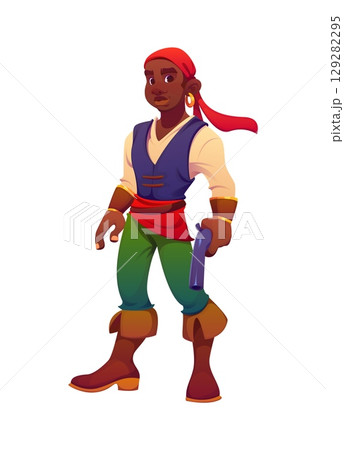 Cartoon pirate corsair character standing with a pistol in hand. Vector black African American sea buccaneer personage in green pants, blue vest, red sash, and red bandana and confident expression 129282295