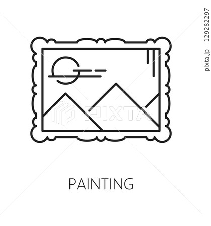 Fine art museum exhibition line icon or symbol. Ancient painting museum thin line vector sign, exhibition lineart symbol. Exhibit pictogram or icon with mountain landscape painting in frame Fine art museum exhibition line icon or symbol. Ancient painting museum thin line vector sign, exhibition lineart symbol. Exhibit pictogram or icon with mountain landscape painting in frame 129282297