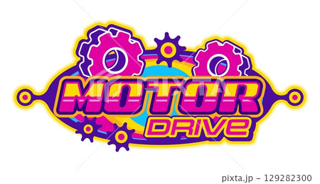 Car race, motor drive retro Y2K icon or sign. Rally motorsport Y2K vector symbol, drag race grand prix emblem. Formula 1 championship Y2K icon with gear cog wheels and vintage colorful typography 129282300